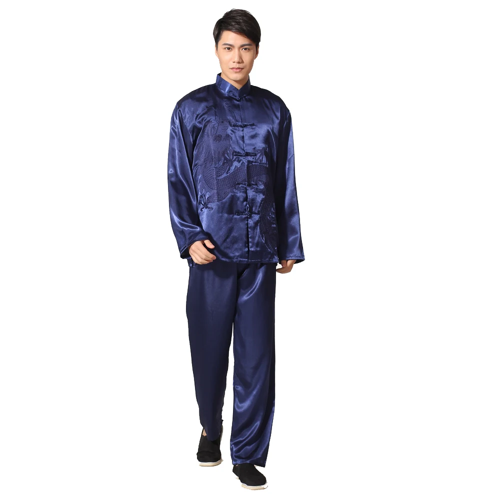 

Navy Blue Embroidery Dragon Chinese Men's Rayon Kung Fu Suit Traditional Tai Chi Uniform Clothing S M L XL XXL M051