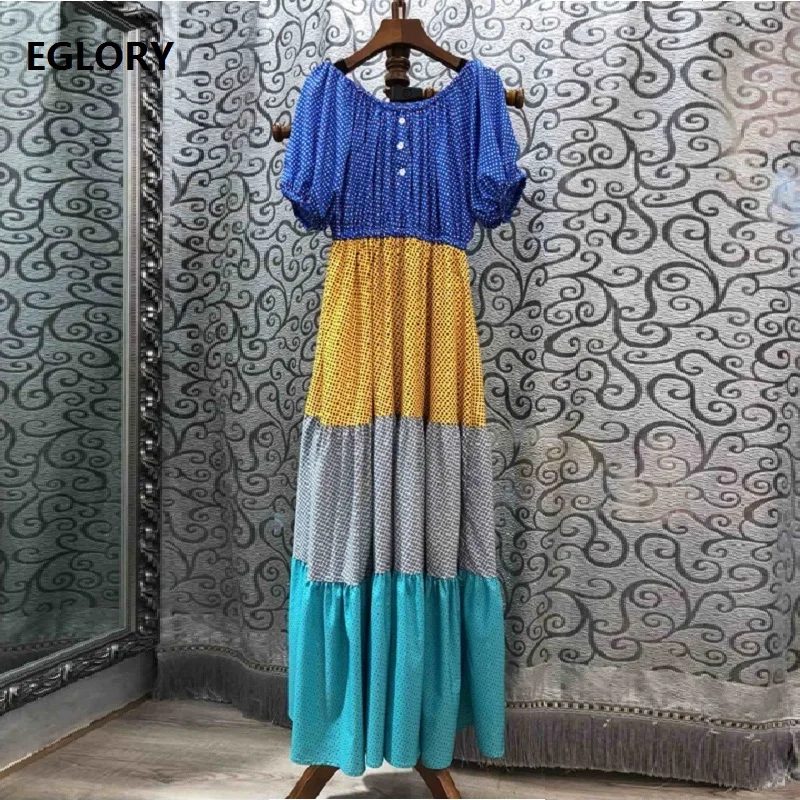 

Bohemian Long Dress 2019 Summer Style Women Slash Neck Polka Dot Print Short Sleeve Casual Long Maxi Dress Blue Orange Vestidos