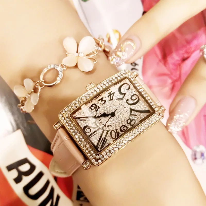 

New Fashion Square Ladies Quartz Watch Full Rhinestone Dial Leather Strap Women's Watch Multi-color optional