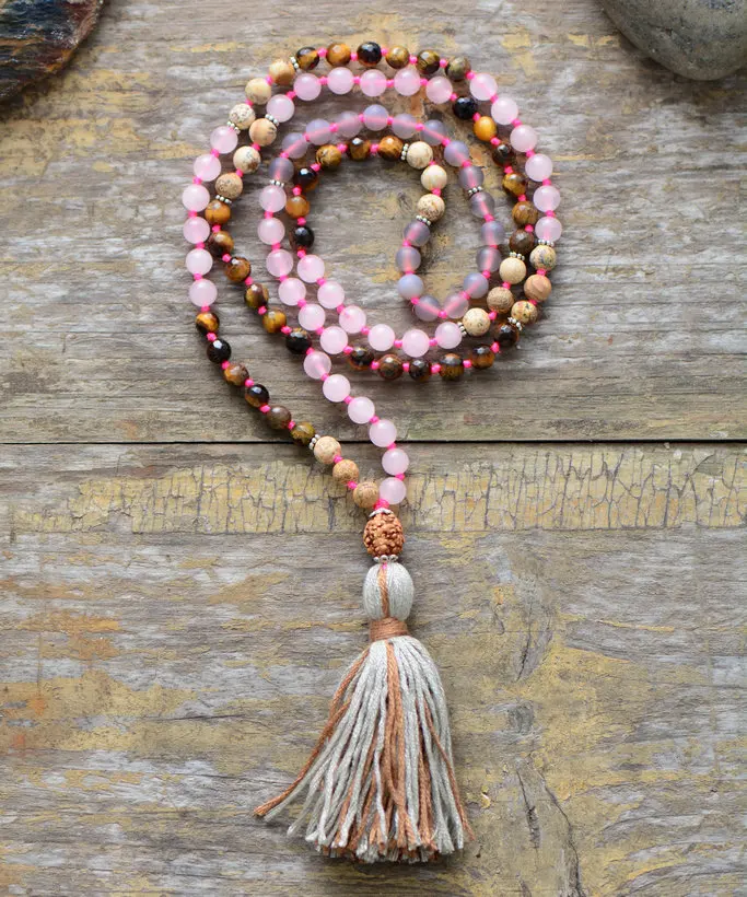 

108 Beads Necklace 6MM Tiger Eye Frosted Onyx Rudraksha Fat Tassel Necklace Women Lariat Mala Yoga Necklace Dropshipping