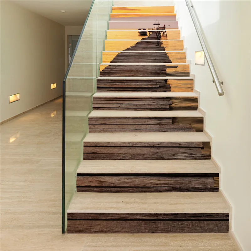 

13 Pieces/Set Creative DIY 3D Stairway Stickers Sunset Harbor Pattern for House Stairs Decoration Big Staircase Wall Sticker