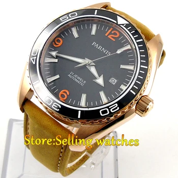 

45mm Parnis black dial golden plated case Sapphire Glass Automatic mens Watch