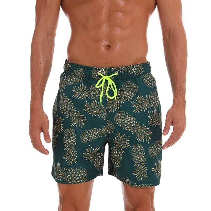 Новые пляжные шорты, мужские шорты для плавания, мужские плавки, быстросохнущие пляжные шорты для серфинга, мужские спортивные пляжные шорты с сетчатой подкладкой - Цвет: Green pineapple