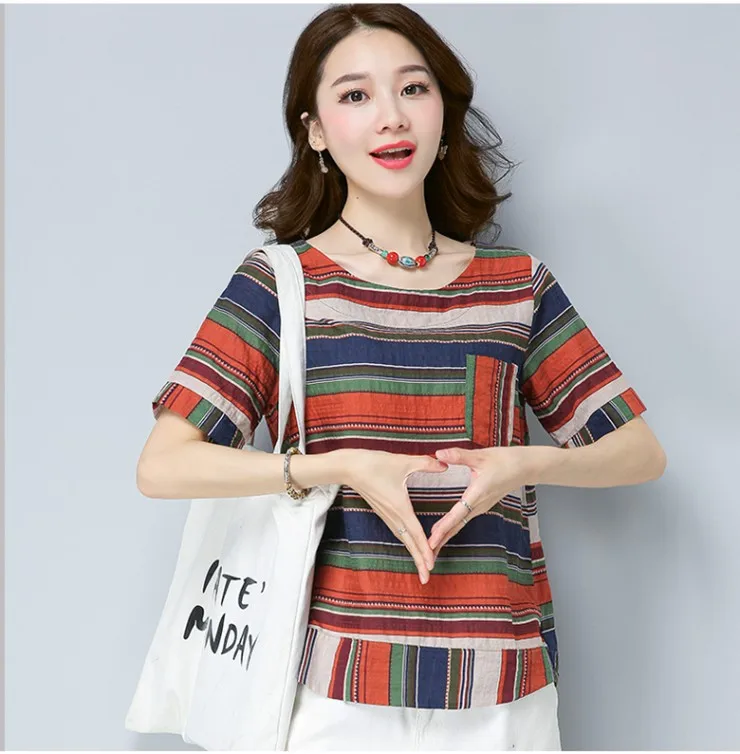 Cotton Linen Blouse Shirt Female Colourful Striped Tops Ladies 2018 New Summer Short Sleeve Women Shirts Rayas Blusas Mujer Mode (5)