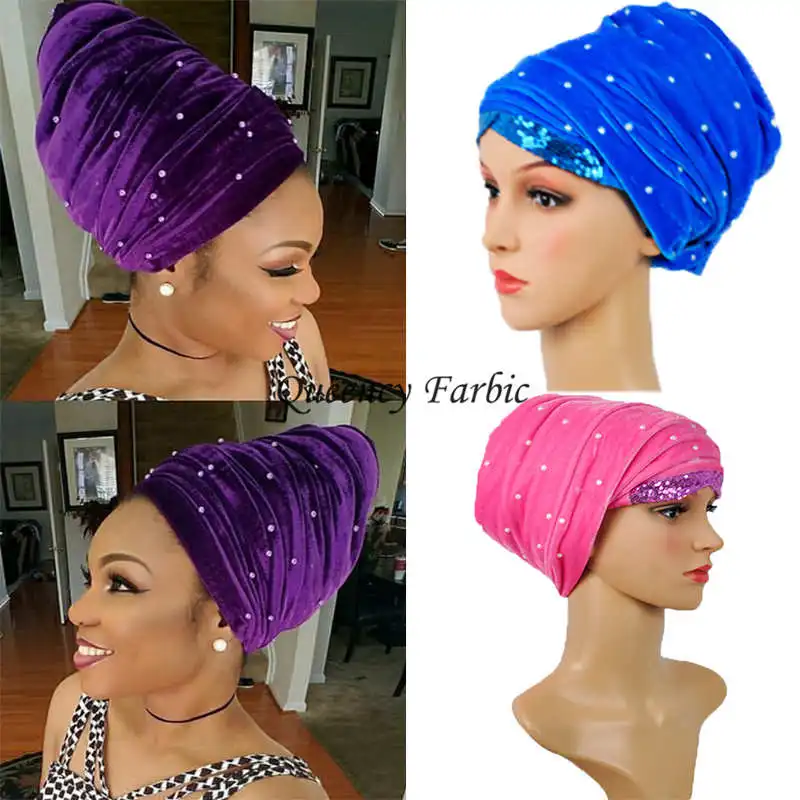 

HQT13Free shipping African turban gele sequins and beaded headwrap one pieces per pack Multi-colored scraf women headtie turban.