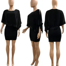 Mesh Patchwork Sexy Mini Dress 2017 Women Cloak Sleeve Round Neck Irregular Party Dresses Sequins Clubwear Vestidos Dress Sexy