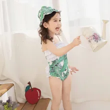 Слитный купальный костюм с зелеными листьями для маленьких девочек; милая детская одежда для плавания с воланами; пляжная одежда; купальные костюмы с принтом