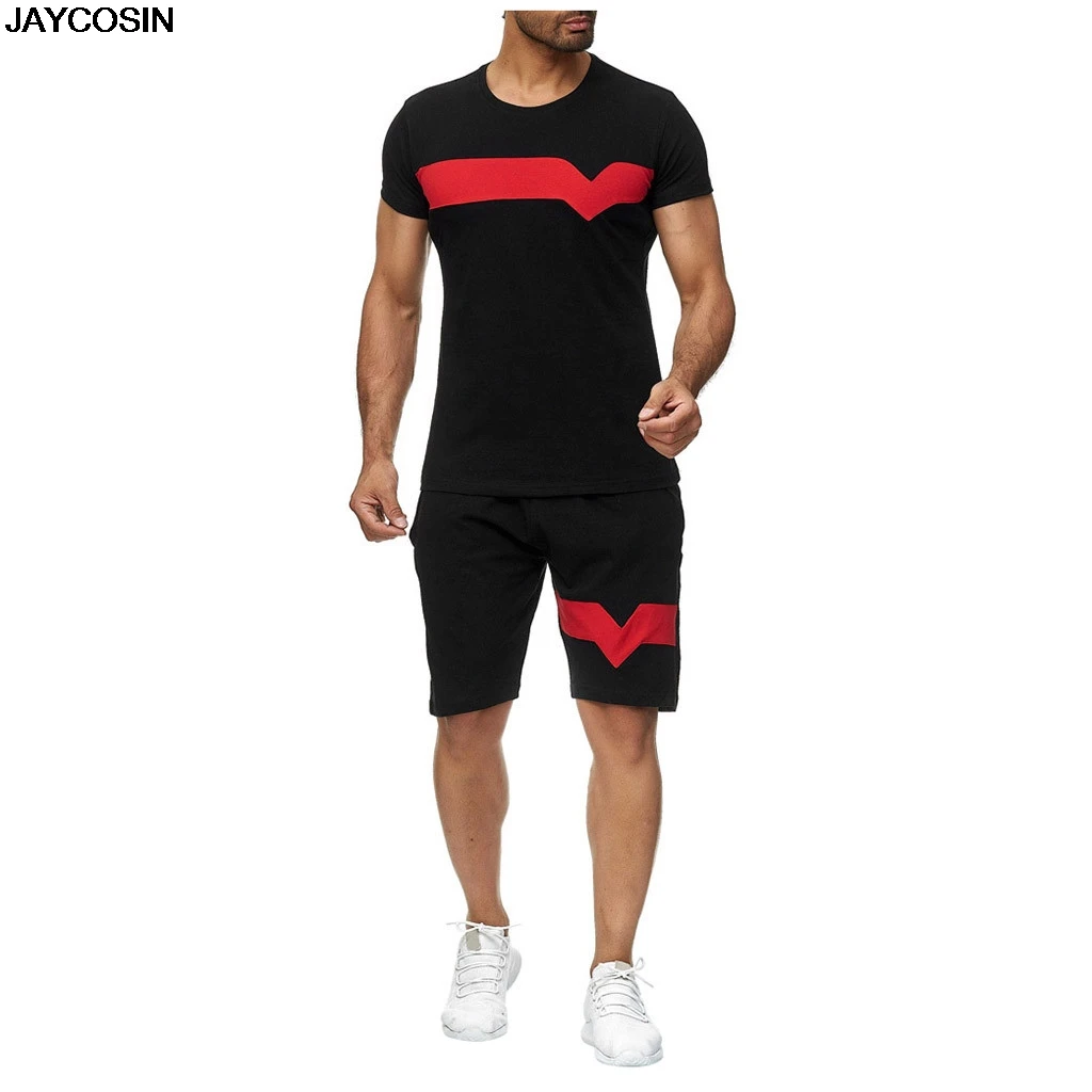 

KLV Men's Sets Mens Summer Leisure Stripe Color Collision Short Sleeve Shorts Sports Thin Sets soild high Quality hot sale 9613