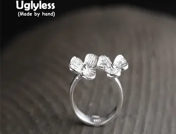 

Uglyless Genuine S990 Fine Silver Double Flowers Women Finger Rings Romantic Elegant Floral Ring Handmade Brushed Jewelry Bijoux