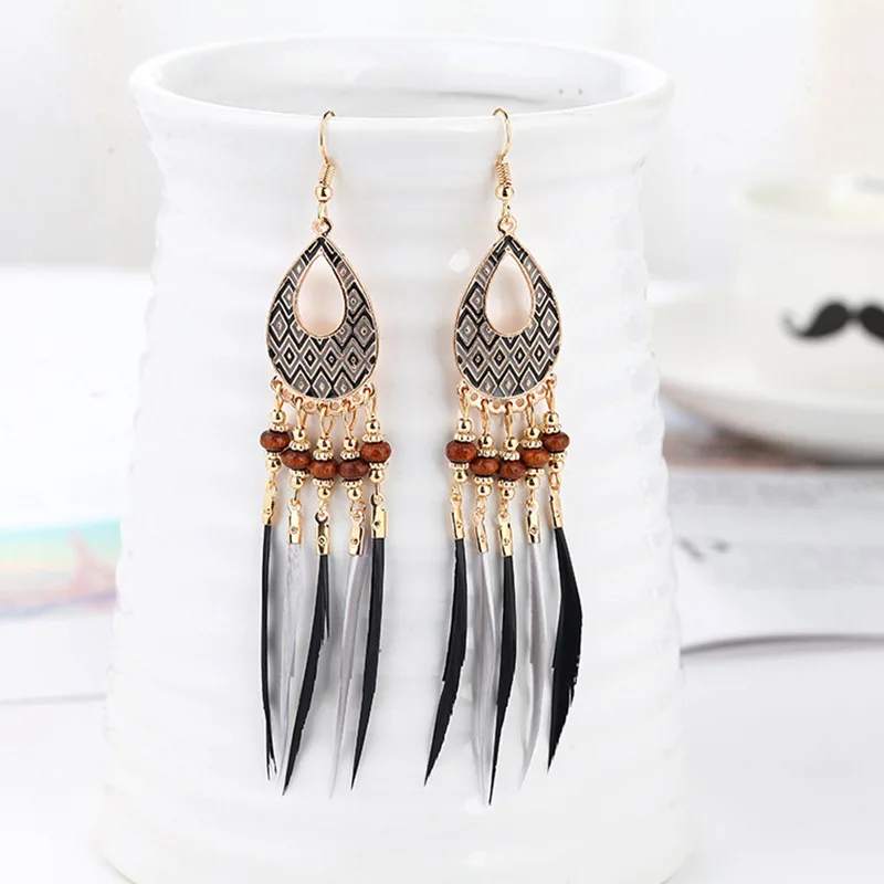 

Women Fashion Jewelry Alloy Beads Feather Long Dangle Earrings Ethnic Dream Catcher Earrings