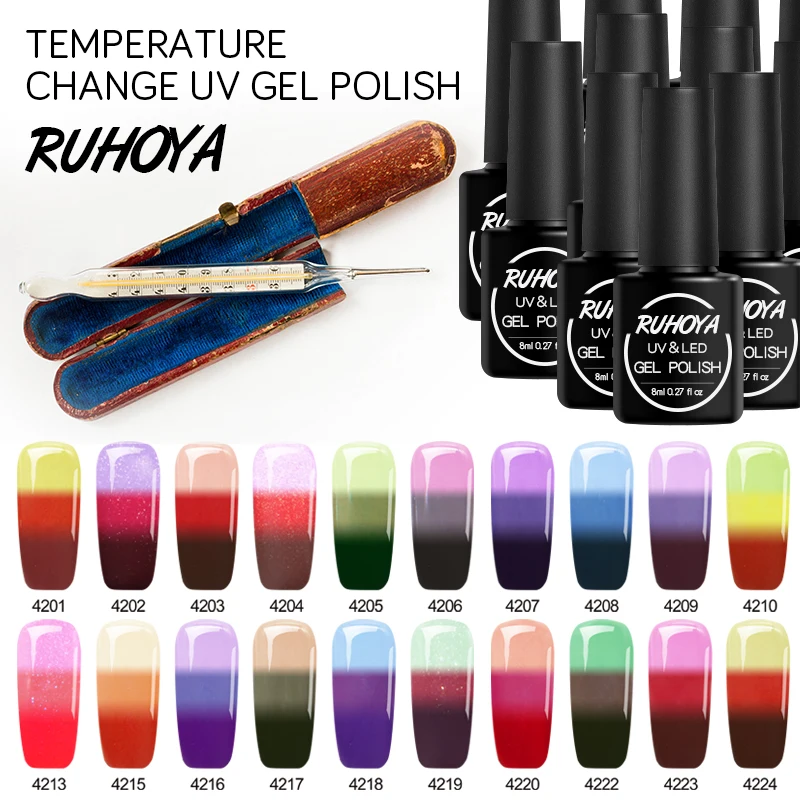 

Ruhoya 8ML Thermo UV Gel Nail Varnish Lacquer Soak Off 8ml Temperature Change Color Nail Gel Chameleon Nail Art Manicure Gel Lak