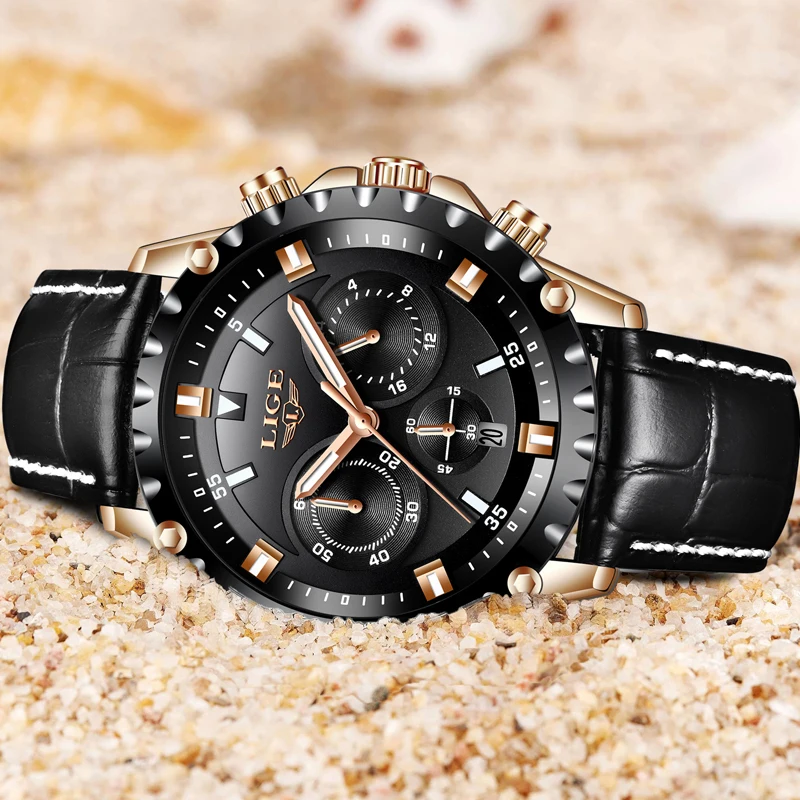 LIGE Top Luxury Men's Quartz Watch Leather Men Watches Dress Business Fashion Casual Sport Rose Gold Black Waterproof Male Clock