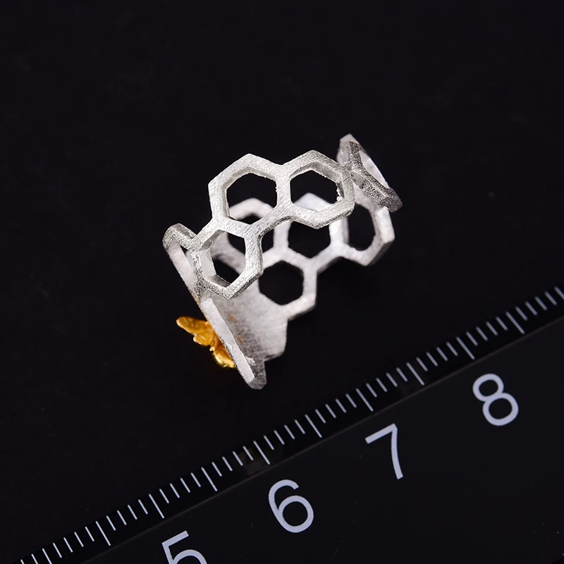 Lotus Fun Genuine 925 Sterling Silver Rings for Women Geometric Honeycomb Bee Open Adjustable Ring silver 925 jewelry Girl Gifts