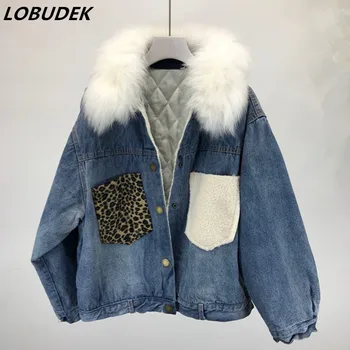 

Women Winter Thick Jean Jacket Faux Fur Collar Short Denim Coat Loose Casual Cotton-panned Jean Outercoat Warm Basic Jackets