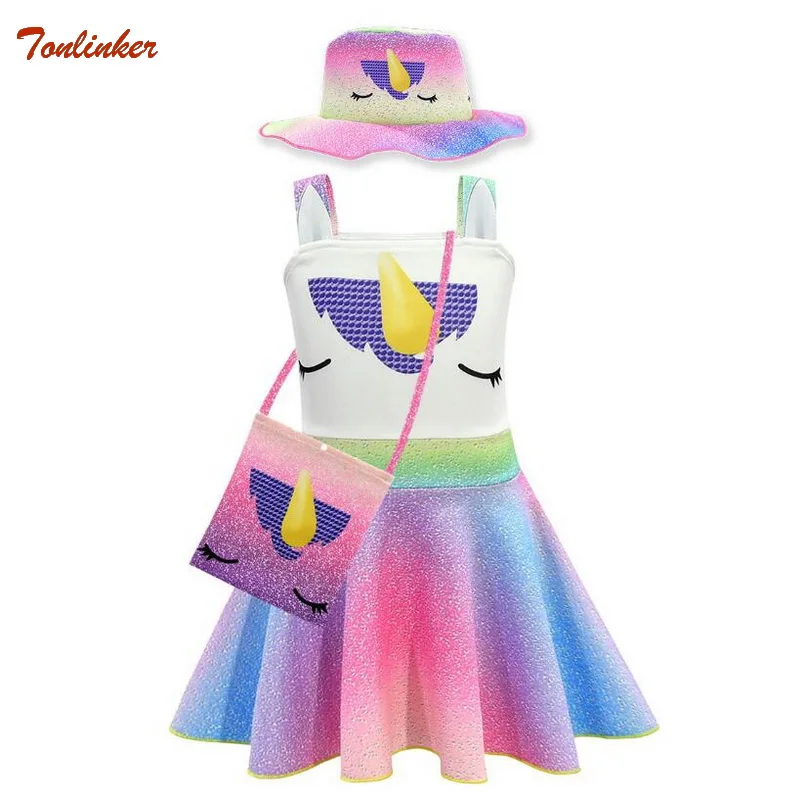 

Girls Rainbow Unicorn Ballet Dress+ Bag+Hat Kids Birthday Wedding Party Unicorn Ruffles Sleeveless Princess Girl Fancy Dress 6T
