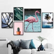 Flamingo Cactus Banana leaf Wall Art Canvas Painting Nordic Posters And Prints Wall Pictures For Living Room Scandinavian Decor