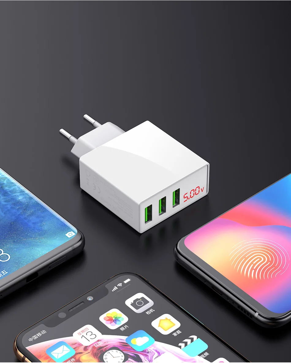 ROCK USB зарядное устройство для iphone зарядное устройство светодиодный дисплей 3 USB 5 в 3 А Быстрая зарядка настенное зарядное устройство для iphone samsung Xiaomi Max 2.4A зарядка