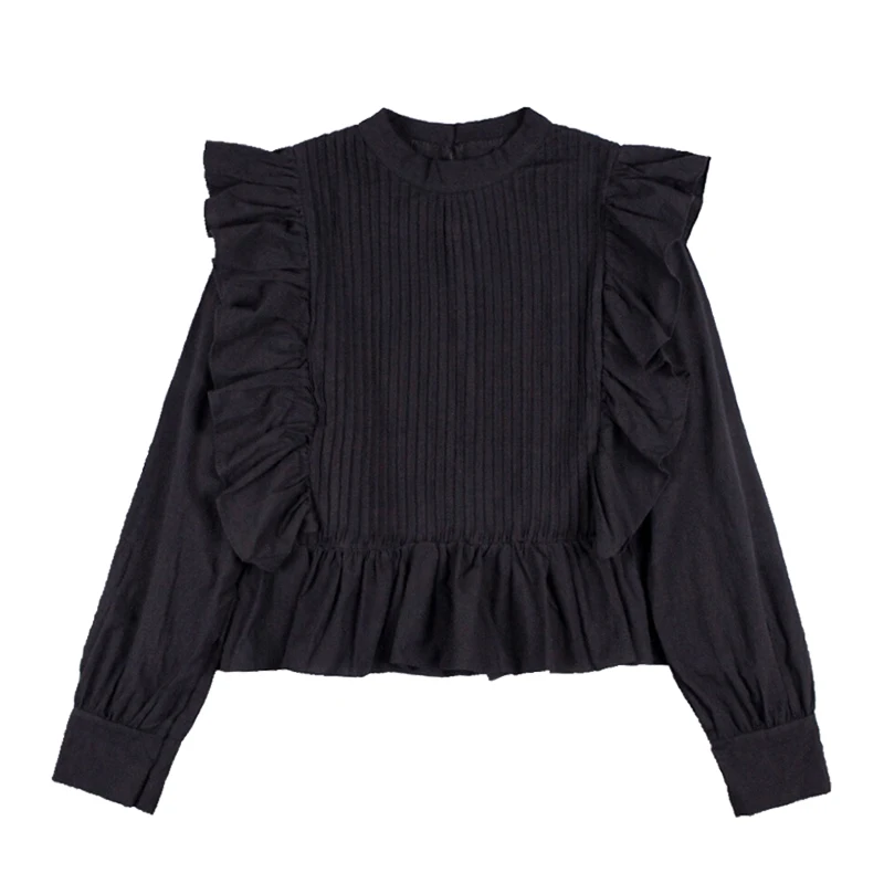 MUMUZI, модная Осенняя женская блузка с оборками, с длинным рукавом, черные, белые топы, повседневные, с рукавом-фонариком, модные рубашки для женщин