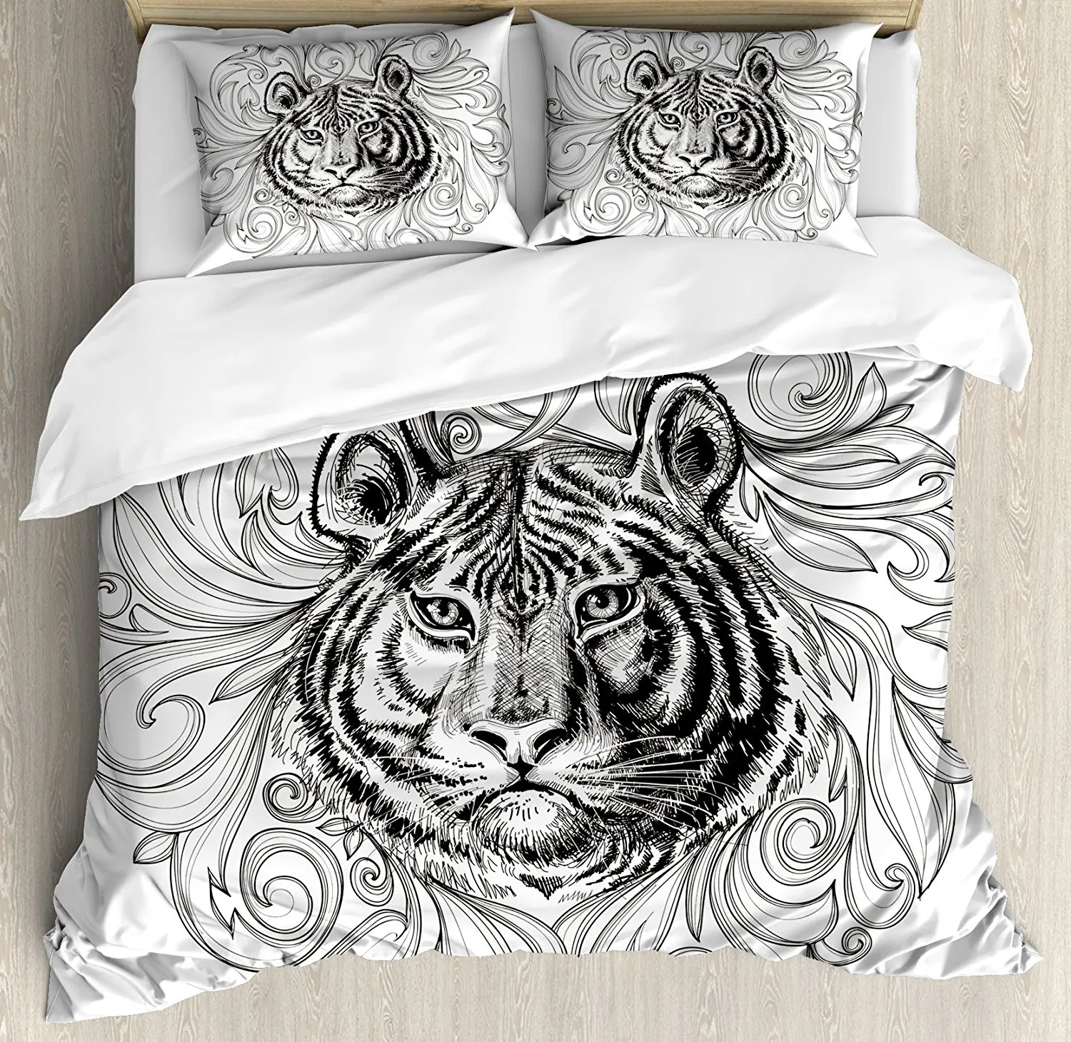 Tiger Duvet Cover Set Black and White Abstract Design Large Feline Head Sticking out from Bundle