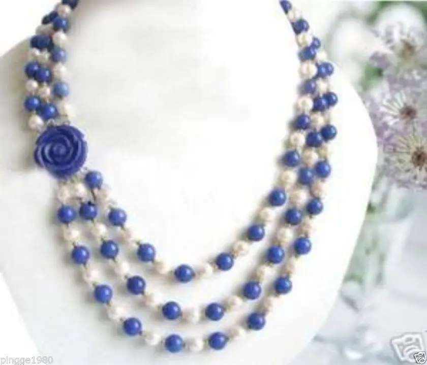 

FREE SHIPPING>>>@@ > CVELO90 P98RRT Hot sale &>>>>Wonderful!7-8MM White Pearl Lapis lazuli Necklace
