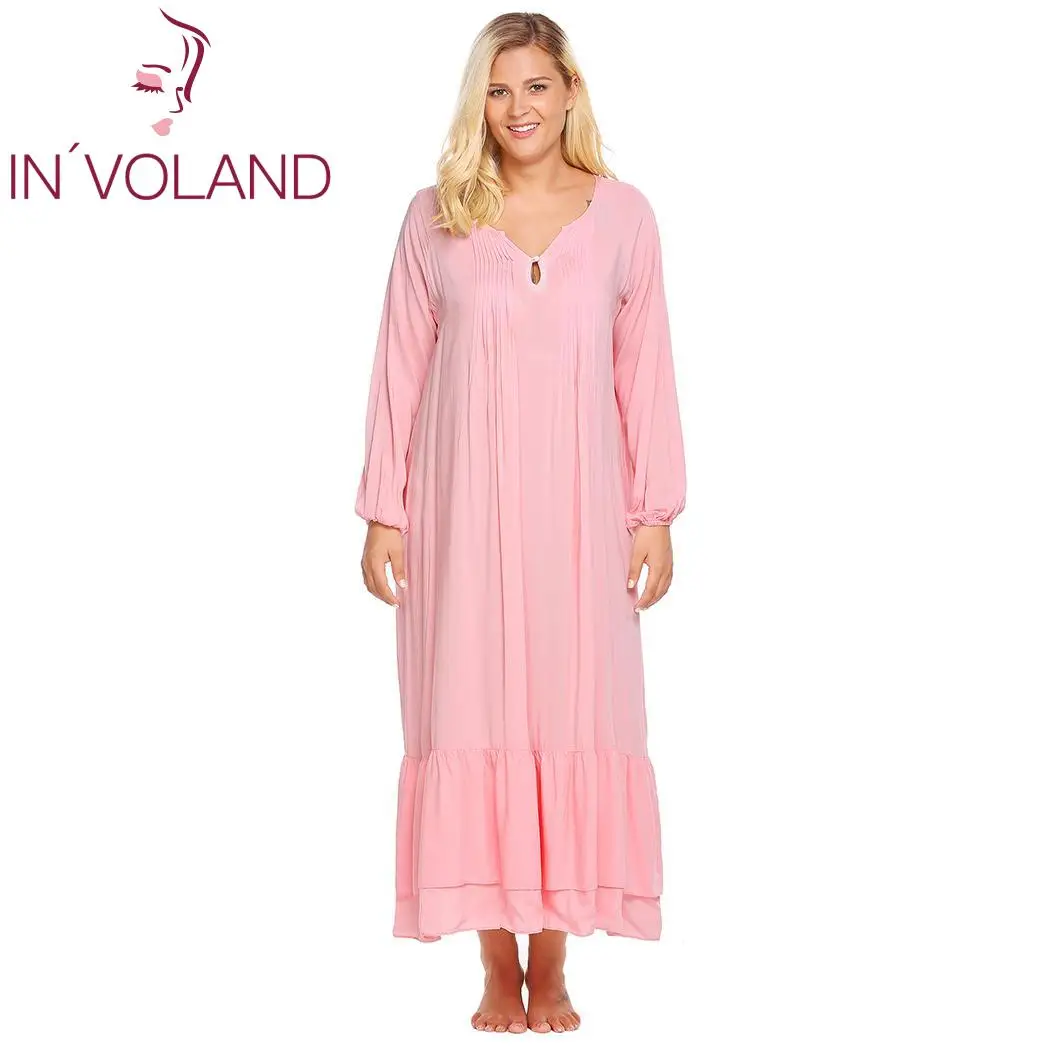 Pink IN'VOLAND женское платье для сна размера плюс L-4XL, весенне-осенняя однотонная Повседневная Длинная Ночная рубашка с рукавом-фонариком - Цвет: Pink
