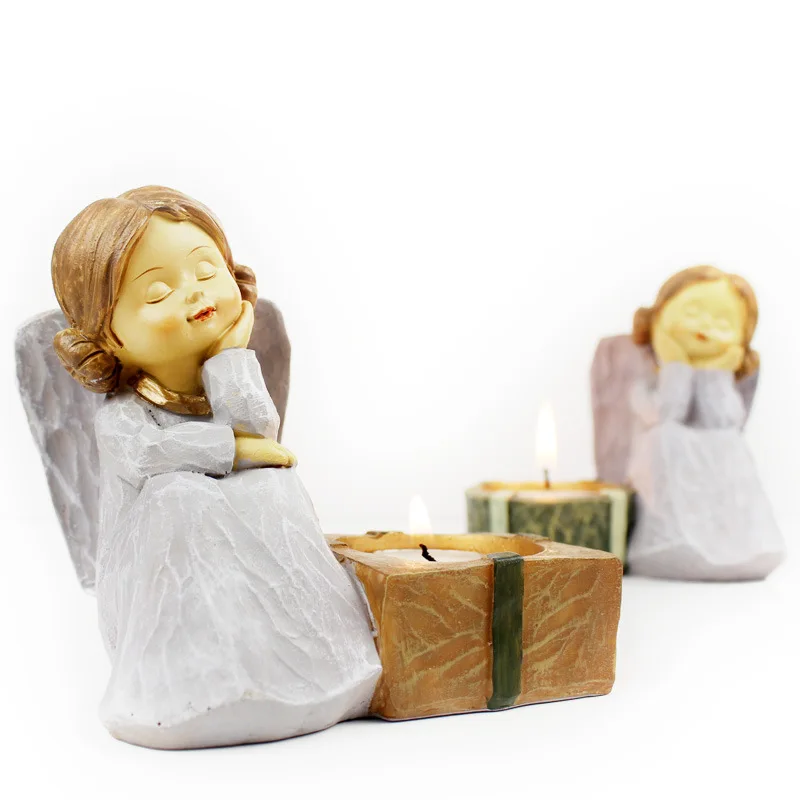 Set of 2 Resin Angels Candle Holders Religious Candlesticks Desktop