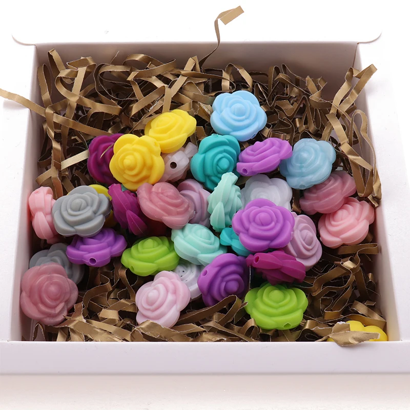 미니 꽃 진주 실리콘 로즈 Teether 구슬 BPA 무료  젖니 목걸이 장난감, DIY  씹을 수 있는 젖꼭지 클립 체인, 10 개