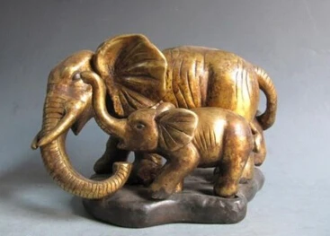 

RHS0232 Chinese Old Bronze Carved lovely Thailand Two Mother and child Elephant statuary