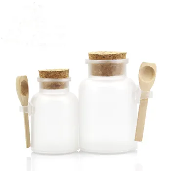 

200g/100g Plastic Cosmetic Empty Matte Cork Jar Bath Salt Bottle Women Mask Facial Container Refillable Bottle With Wood Spoon