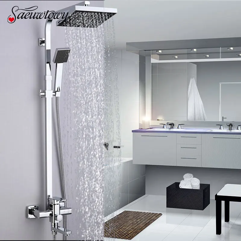 

Saeuwtowy Chrome Shower Set Black Face Shower head Hand Shower Hot&cold Switch Wall MountedBathroom Shower System Mixer