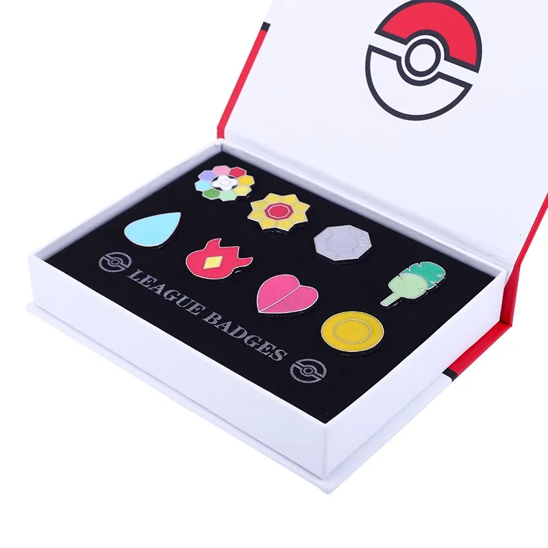 

10 Sets Pocket Monster Pokemon Kanto 8 Metal League Gym Badge Pin Pip Gen Cosplay Prop Collection Set 80*Badges + 10* Boxes