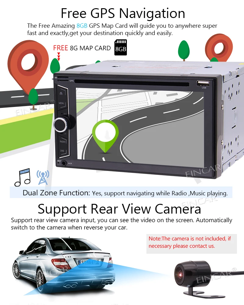 Excellent Rear Camera+Double 2 Din GPS Car Stereo In Dash Headunit DVD CD Player 6.2" FM AM RDS Radio Dual TF USB AUX SWC+8GB Map Card 3