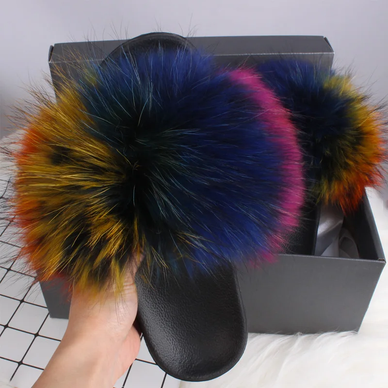 Ethel Anderson 2020 Fox furry fluffy women fur Slippers summer Fur Slides Sandals plush designer shoes furry flip flops women