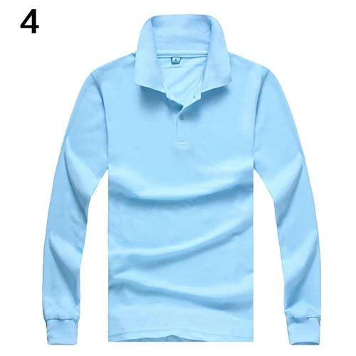 Мужская повседневная Однотонная рубашка поло с отложным воротником и длинным рукавом пуловер Топ - Цвет: Lake Blue