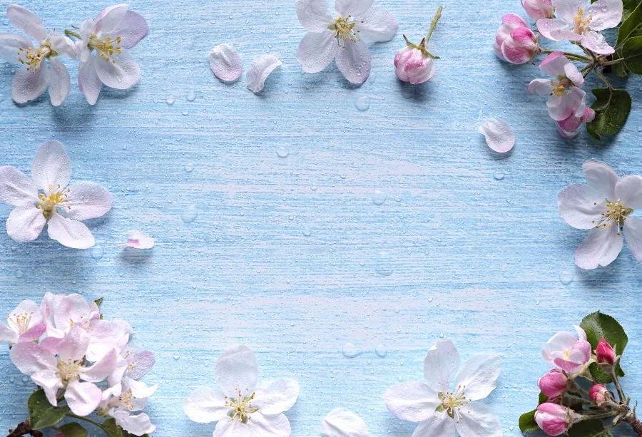 

Laeacco Spring Flowers Water Drop Blue Beautiful Photography Backgrounds Customized Photographic Backdrops for Photo Studio