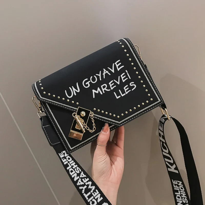 

Frosted Letter Single Shoulder Bag Plug Lock Rivet Handbag with Strap for Women Girls Best Sale-WT