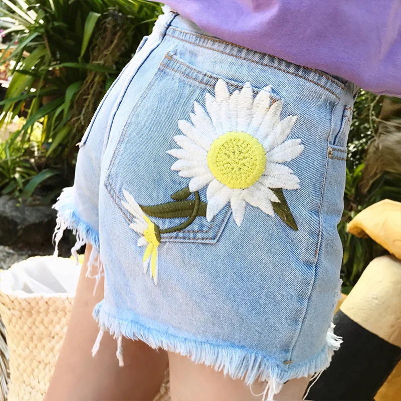 Новые летние джинсовые шорты женские винтажные джинсовые шорты с вышивкой свободные шорты с высокой талией Harajuku Подсолнух джинсовые разогревающие штаны