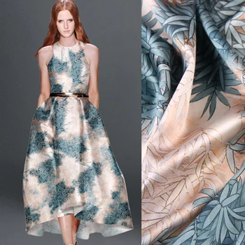 

118CM Wide 19MM 93% Silk & 7% Spandex Gray Blue Bamboo Leaves Stretch Silk Satin Fabric for Dress Cheongsam Shirt Jacket D1010