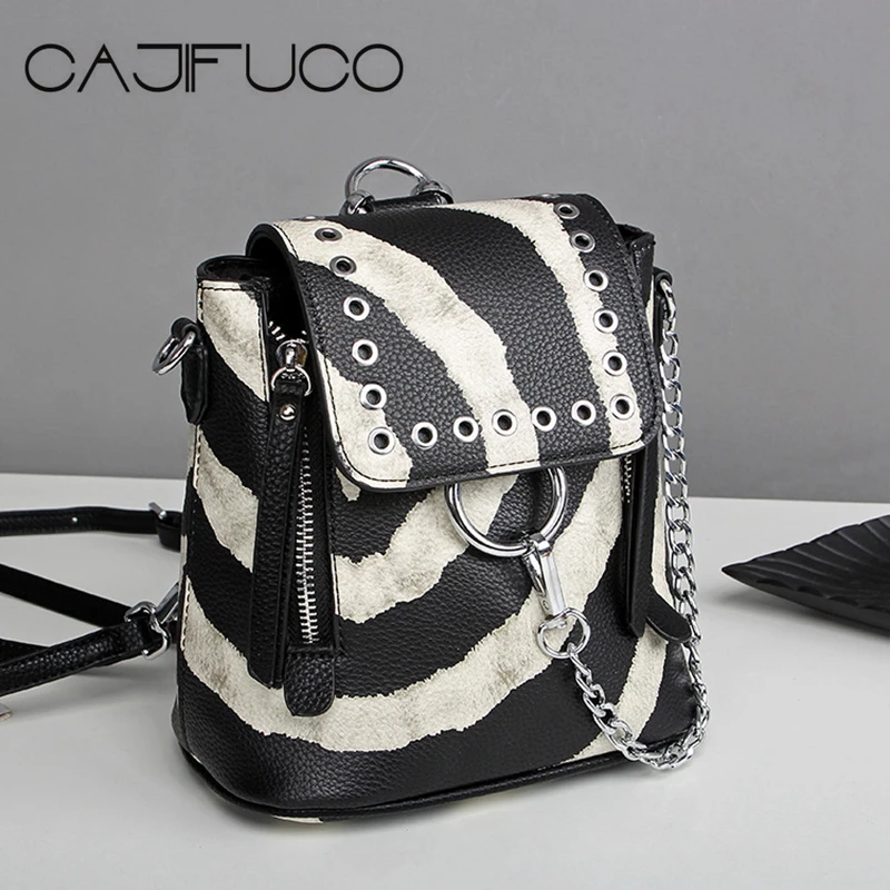 

CAJIFUCO Zebra Stripe Rivet Backpack Multifunction Shoulder Bag PU Leather