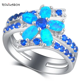 

ROLILASON Delicate Flower Design Blue Fire Opal Silver Fashion Jewelry Wedding Rings USA Size #5#6#7#8#9#10 OR879