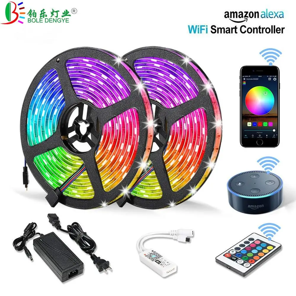 5050 RGB LED Strip Phone Control Wireless WiFi Tape Works With Amazon Alexa Google Home IFFFT DC 12V Flexible Strip Light+Power 5050 rgb led strip phone control wireless wifi tape works with amazon alexa google home iffft dc 12v flexible strip light power