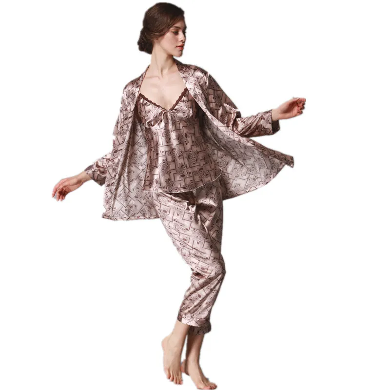 

Female Luxurious Satin Silk Pajamas Sets Lady Print Nightshirts + Vest + Trouser 3 Piece Sleepwear Pyjama Home Clothes Girls