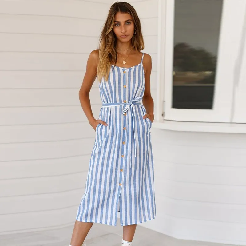 

2019 New Women Sexy Shoulder strap Open back Striped Dress Summer Casual Women Sleeveless Belt Button Loose Dresses Vestidos