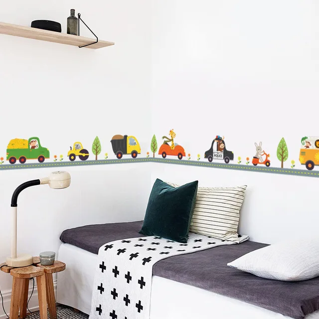 

& Cartoon cute animals Car Plant tree wall stickers Children boys Nursey bedroom waist line diy wall decals decor mural kids