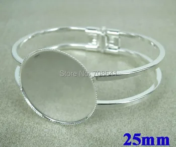 

25mm Silver Plated Circle Bases Bezel Tray Cameo Cabochon Spring Cuff Bracelet Bangle Settings Crafts Blank Findings Wholesale