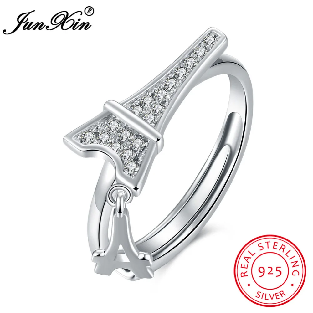 

JUNXIN Unique Design Eiffel Tower Shape 100% 925 Sterling Silver Ring Wedding Engagement Party Open Rings For Women Bridal