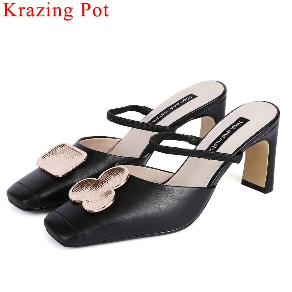 

Krazing Pot full grain leather metal decoration high heels slip on mules vintage square toe superstars elegant brand pumps L60