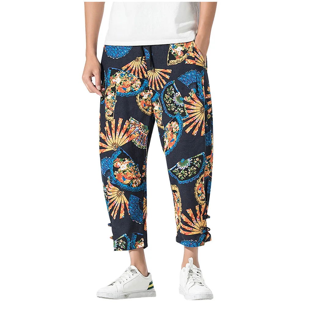 Pantalones hombre 2019 мужские повседневные винтажные свободные хлопковые льняной с принтом лоскутные брюки до щиколотки calca masculina