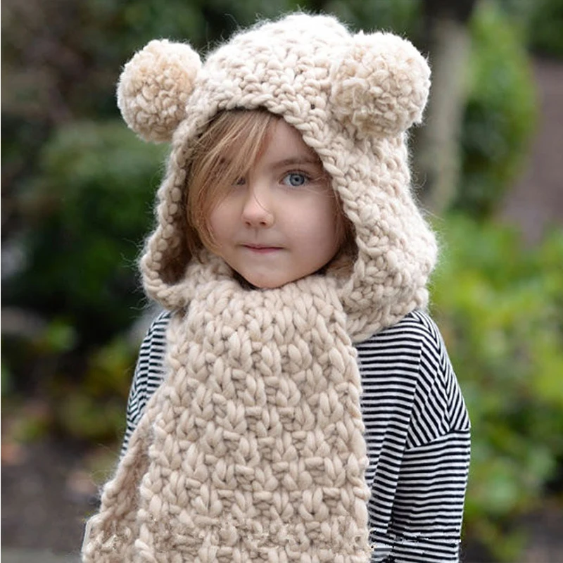 Осенне-зимний детский теплый шерстяной Трикотажный Шарф, шапка Серого и бежевого цвета, две модели, Плотная хлопковая ткань, высокое качество, форма медведя