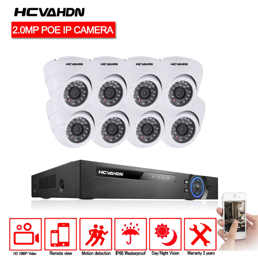 

HCVAHDN 8CH 1080P POE NVR CCTV System 2MP Indoor Dome IP Camera P2P Onvif Security Surveillance Kit Motion Detect APP View